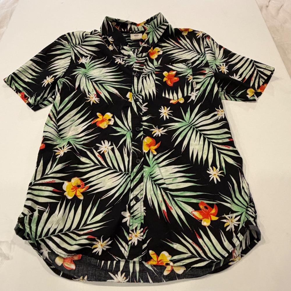 Vans Mens Medium Tailored Fit Tropical Palm Floral Button Down Shirt Black